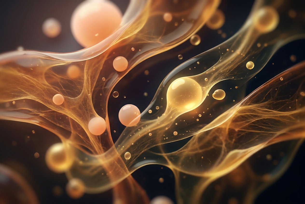 Abstract 3D rendering of glowing amber and gold spheres representing molecular absorption and lipid transport.