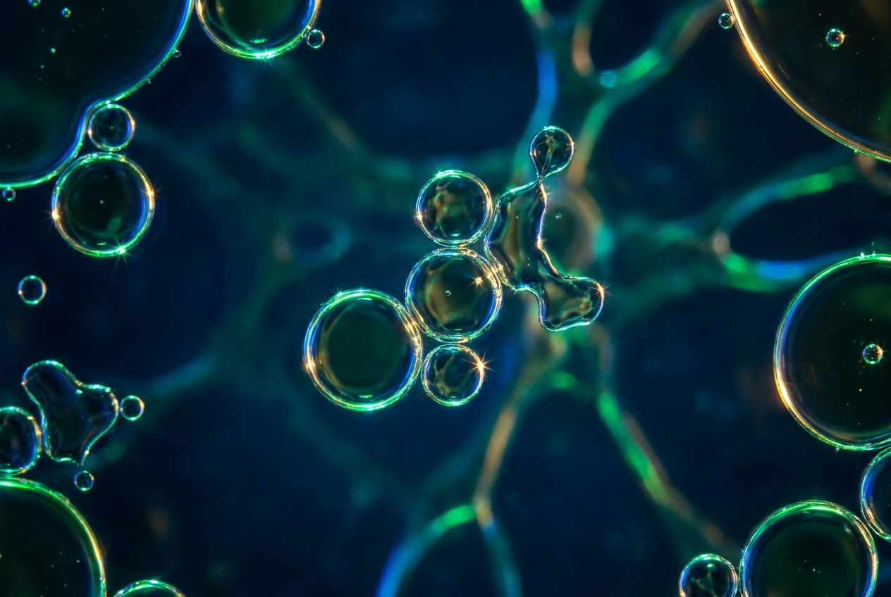 Abstract macro photography of glowing oil droplets floating and separating in water.
