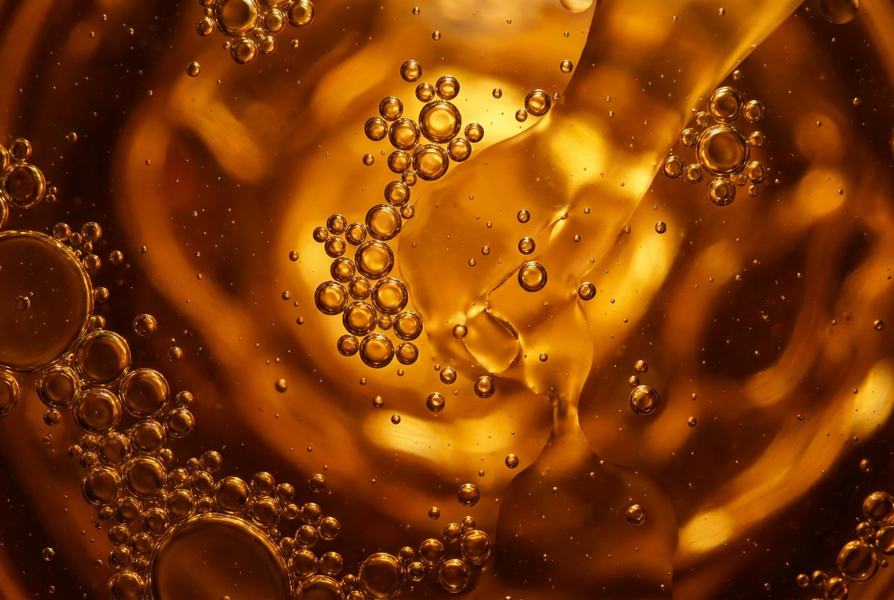 Microscopic view of translucent oil droplets merging and dissolving in an amber liquid.