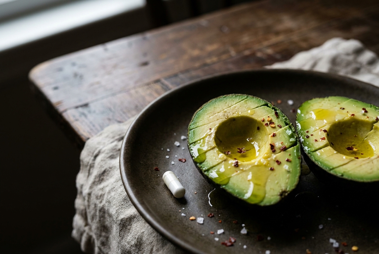 A balanced meal with fresh avocado and olive oil next to a single white supplement capsule.