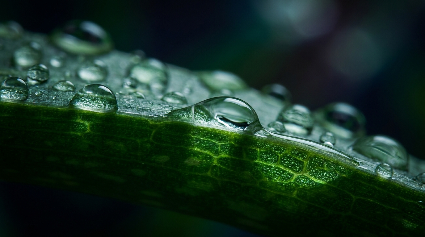 Macro photograph of round water droplets resting on a dark green leaf.
