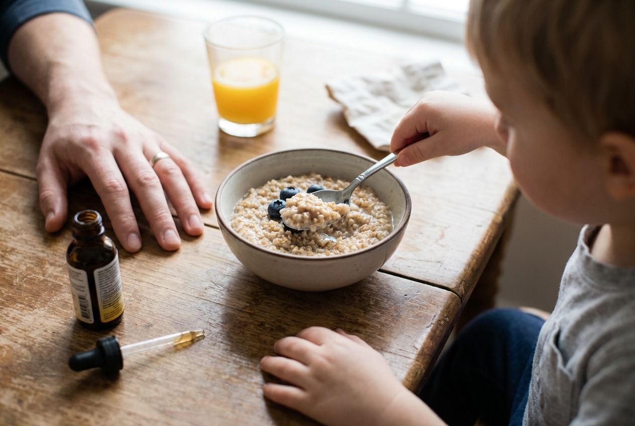 A close-up of a child's hands holding a spoon to eat a bowl of oatmeal with blueberries.