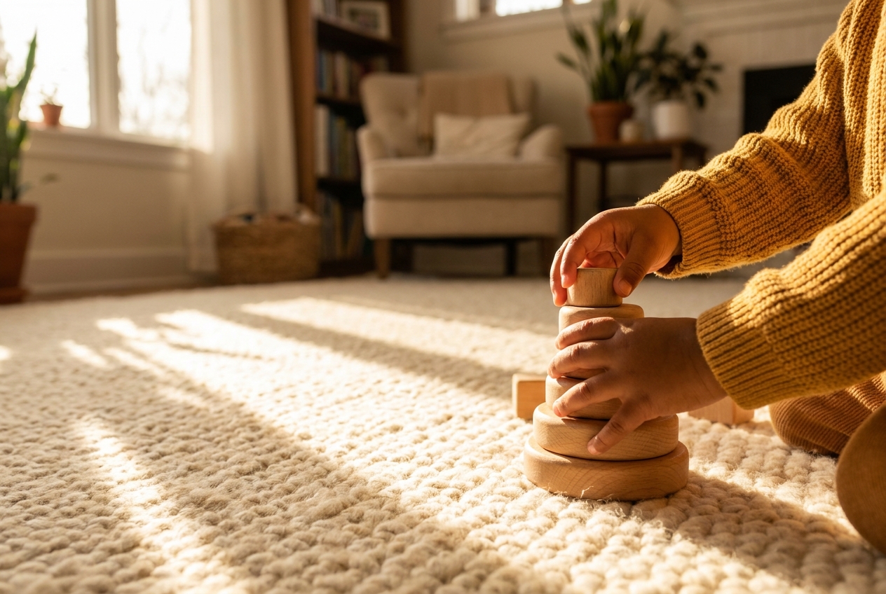 A child's hands carefully stacking wooden building blocks on a textured living room rug.