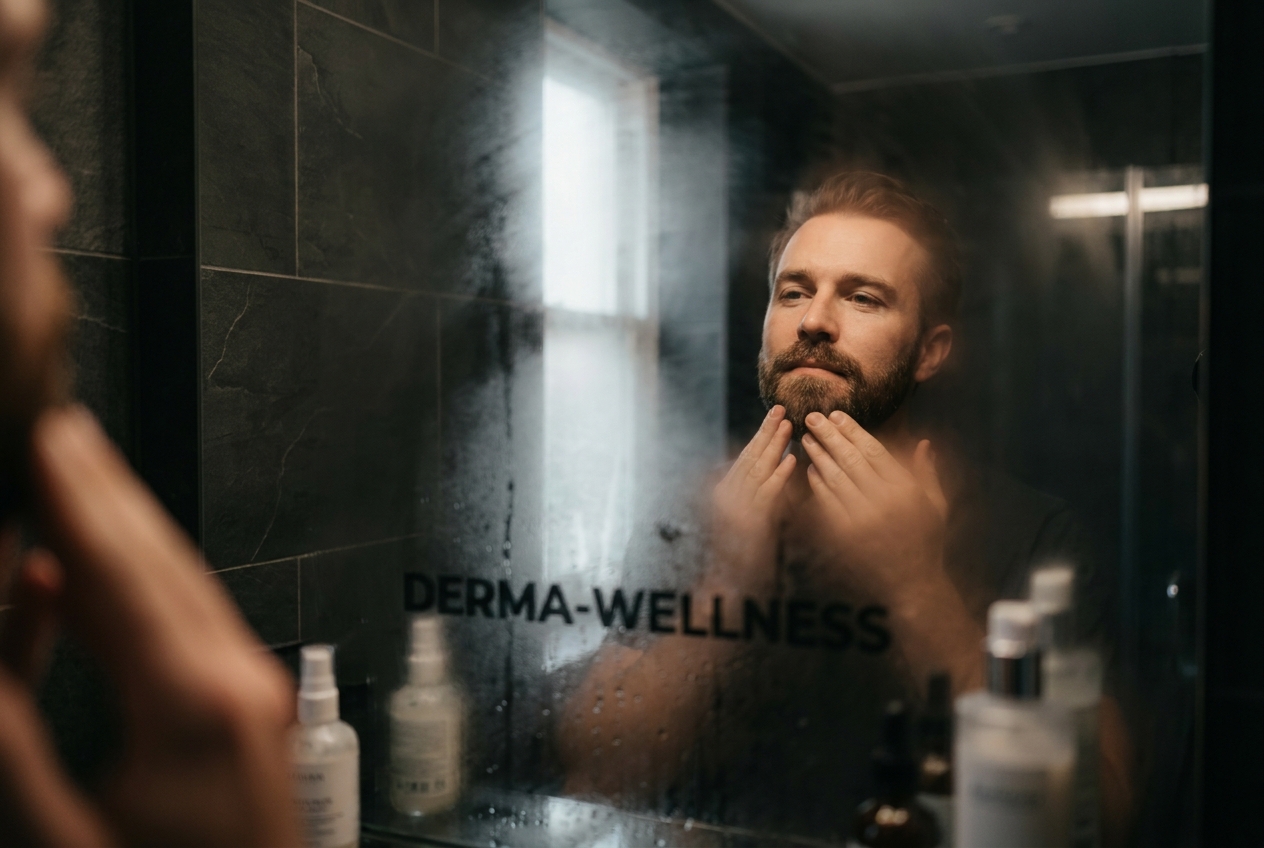 Reflection in a fogged mirror of a man gently touching his clear, calm skin.