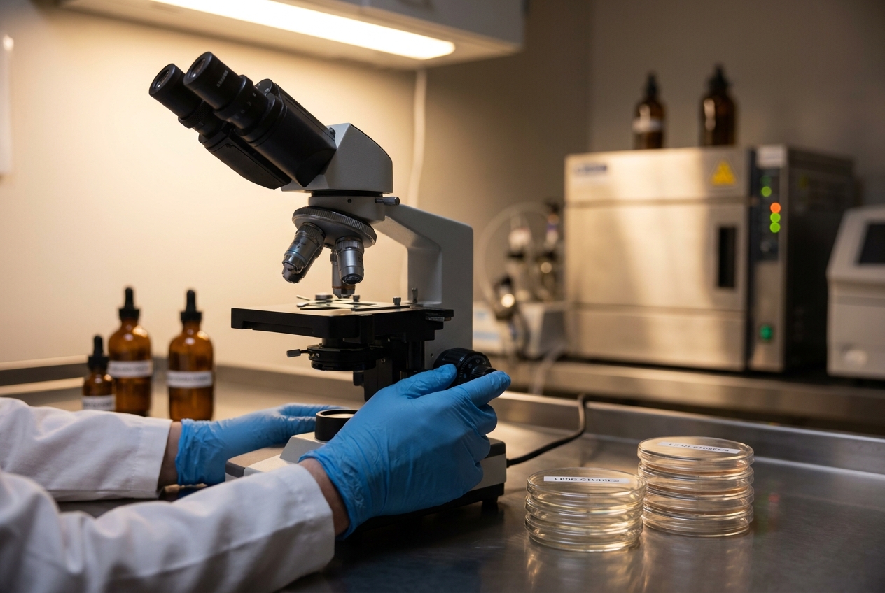 Gloved hands adjusting a microscope dial on a modern laboratory benchtop.