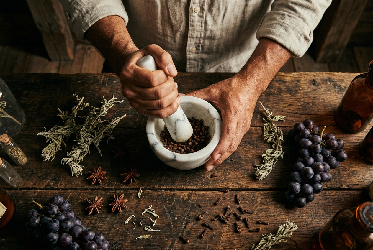 Hands crushing cloves in a marble mortar with dried wormwood and grapes on a wooden table.