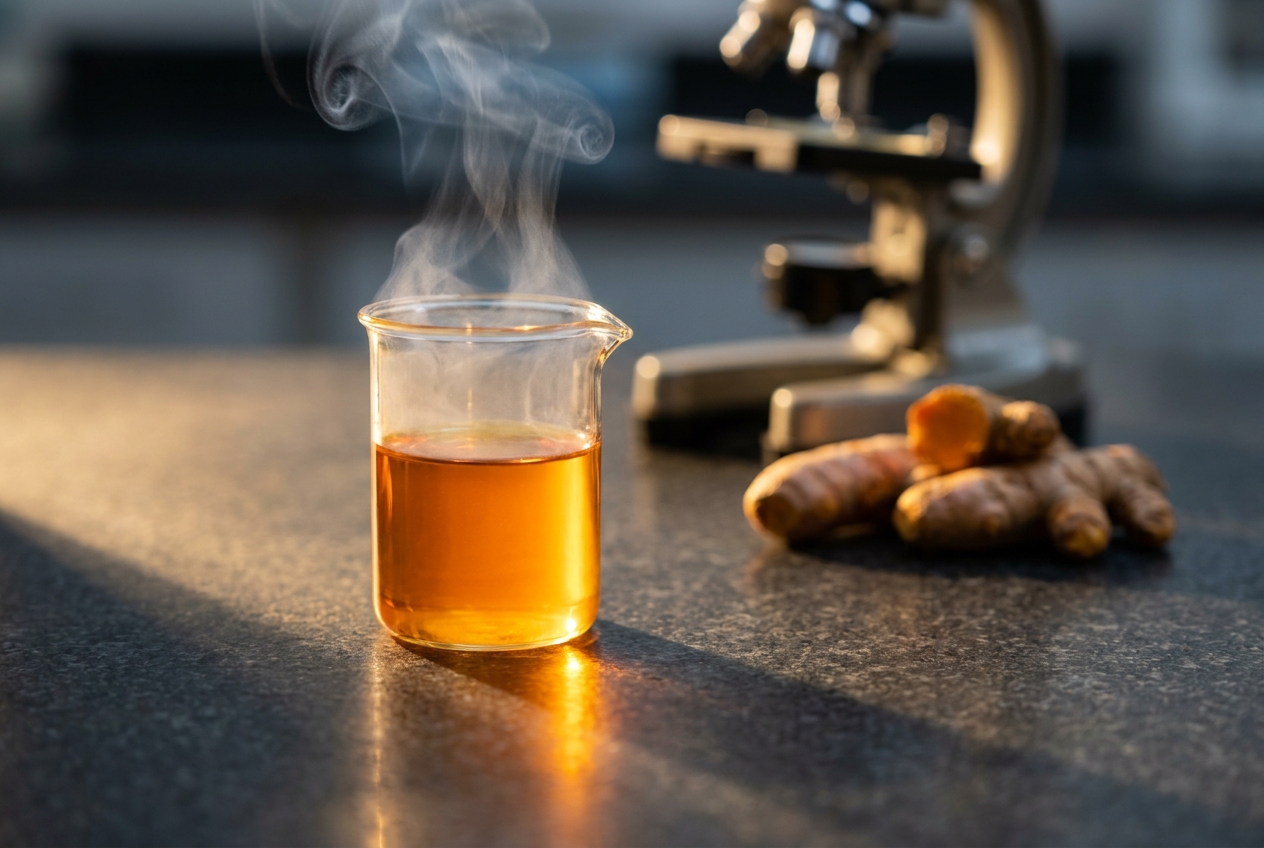 A glass beaker filled with bright orange turmeric extract on a dark laboratory counter.