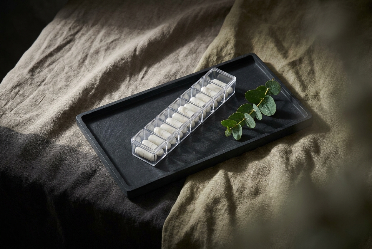 A minimalist transparent pill organizer containing white capsules sitting next to fresh eucalyptus leaves.