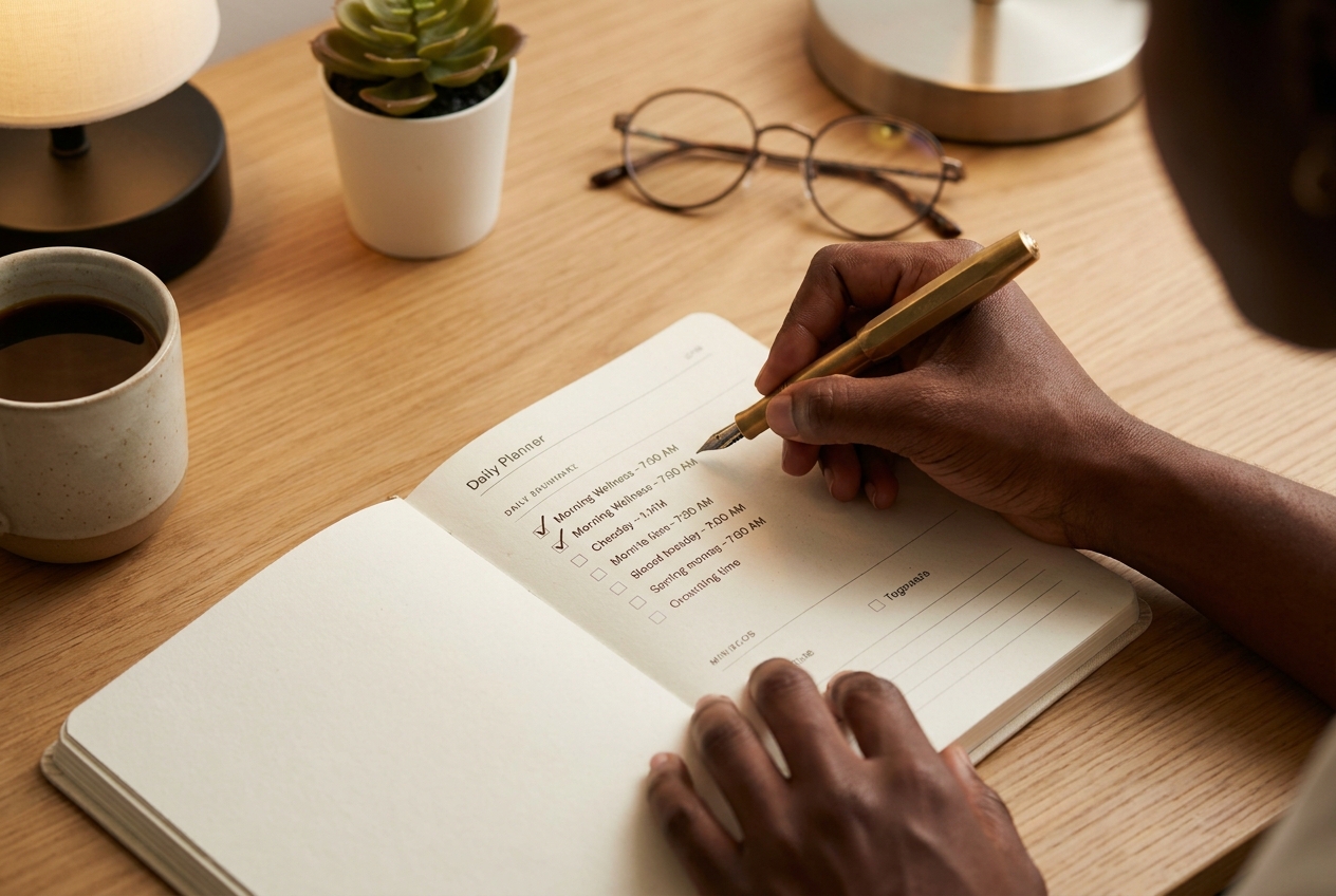 A person checking off a task in a daily planner next to a cup of coffee.