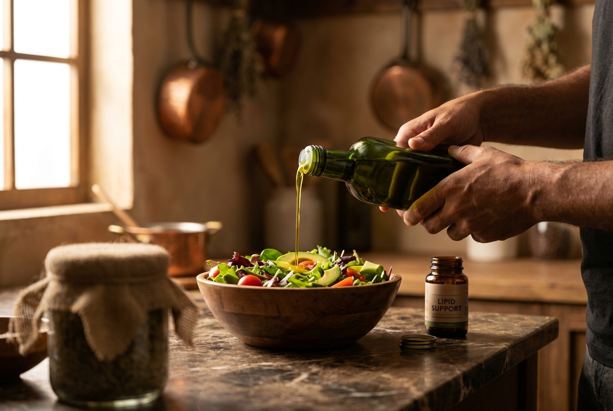 Hands drizzling olive oil onto a fresh salad next to an amber supplement bottle.