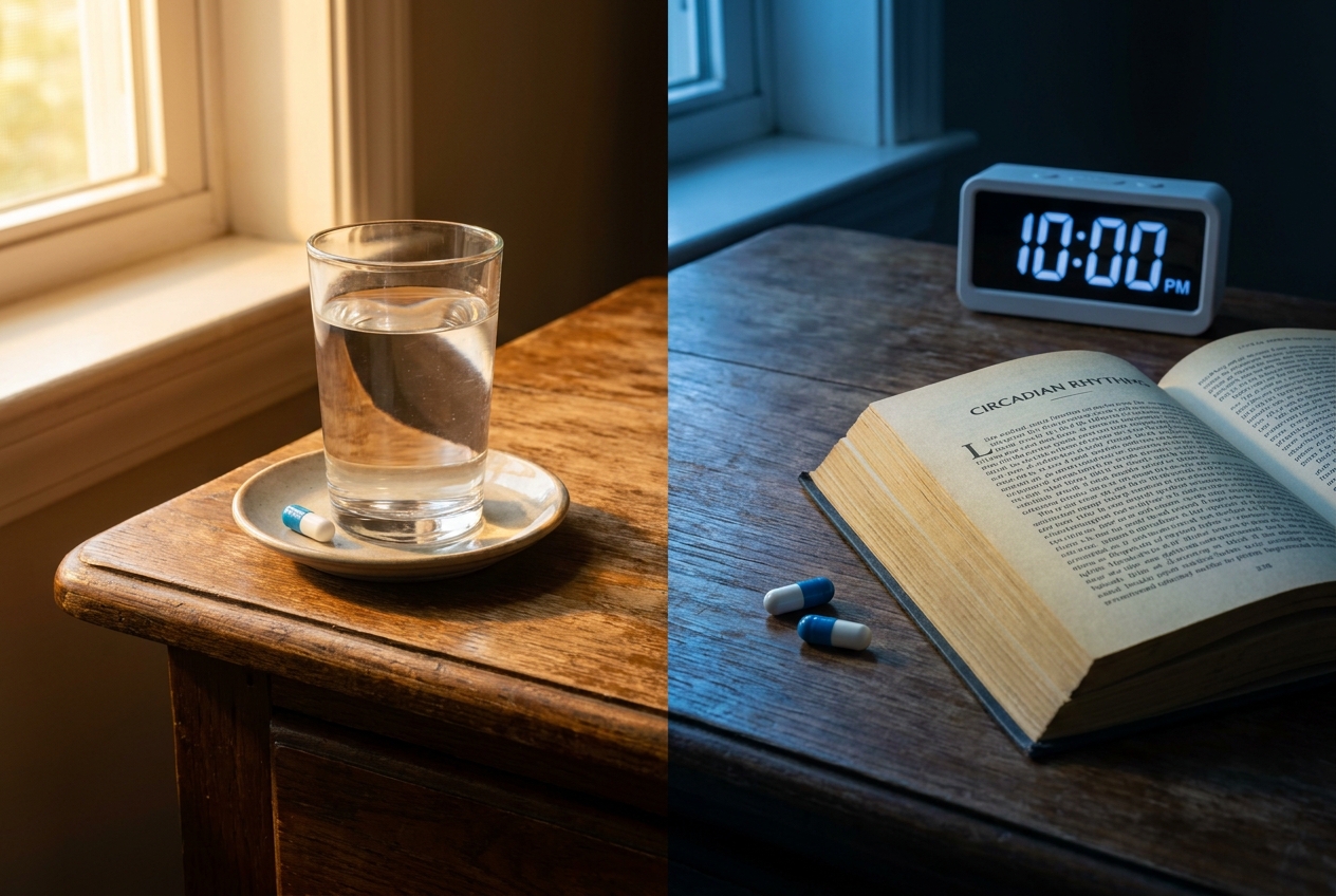 A bedside table shown split in half by daylight and moonlight, each side featuring a single supplement capsule.