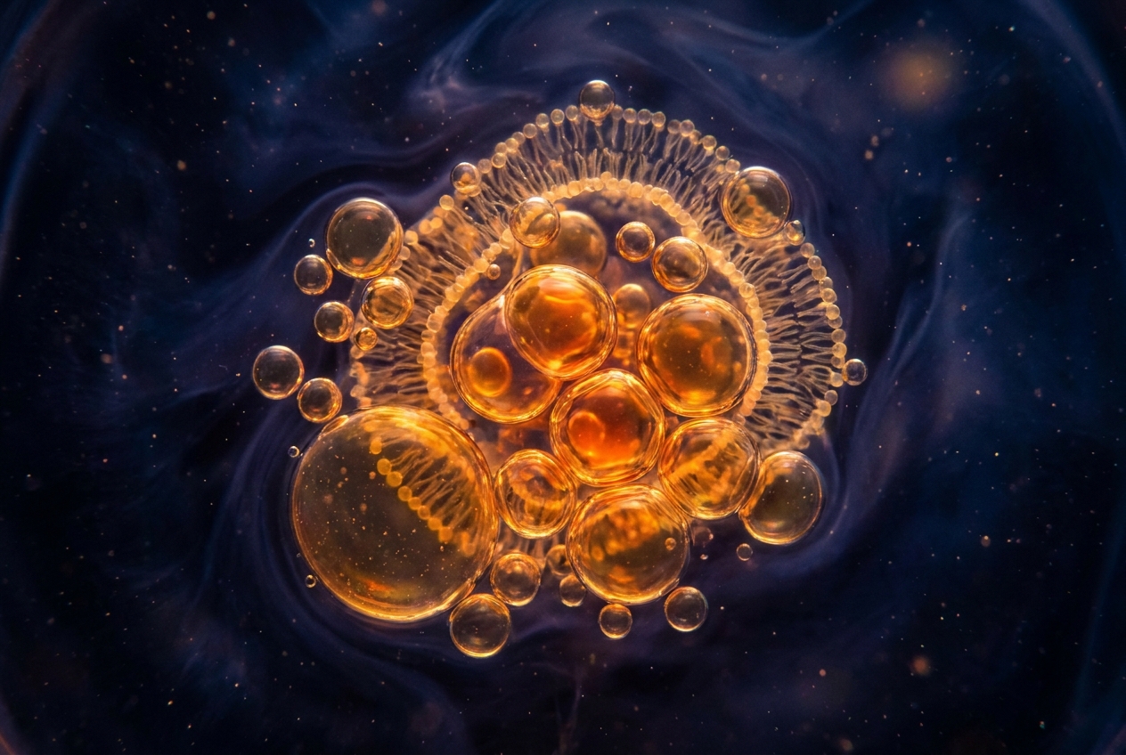 Microscopic abstract view of glowing golden oil droplets suspended in a dark blue liquid.