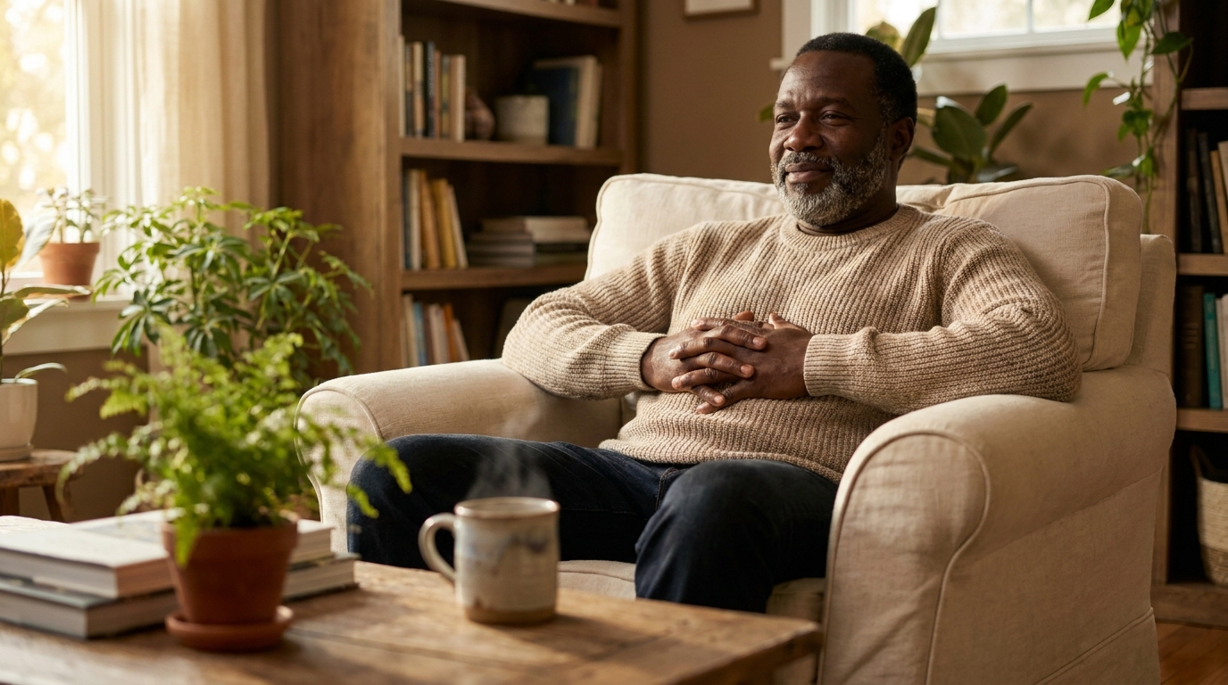 Man sitting comfortably in an armchair, resting his hands gently on his stomach.