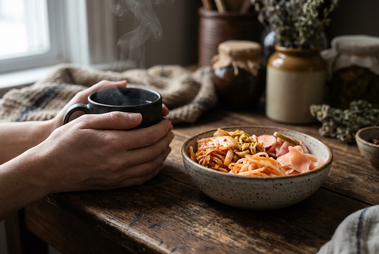 Hands holding a warm mug of tea next to a bowl of fermented foods on a wooden table.