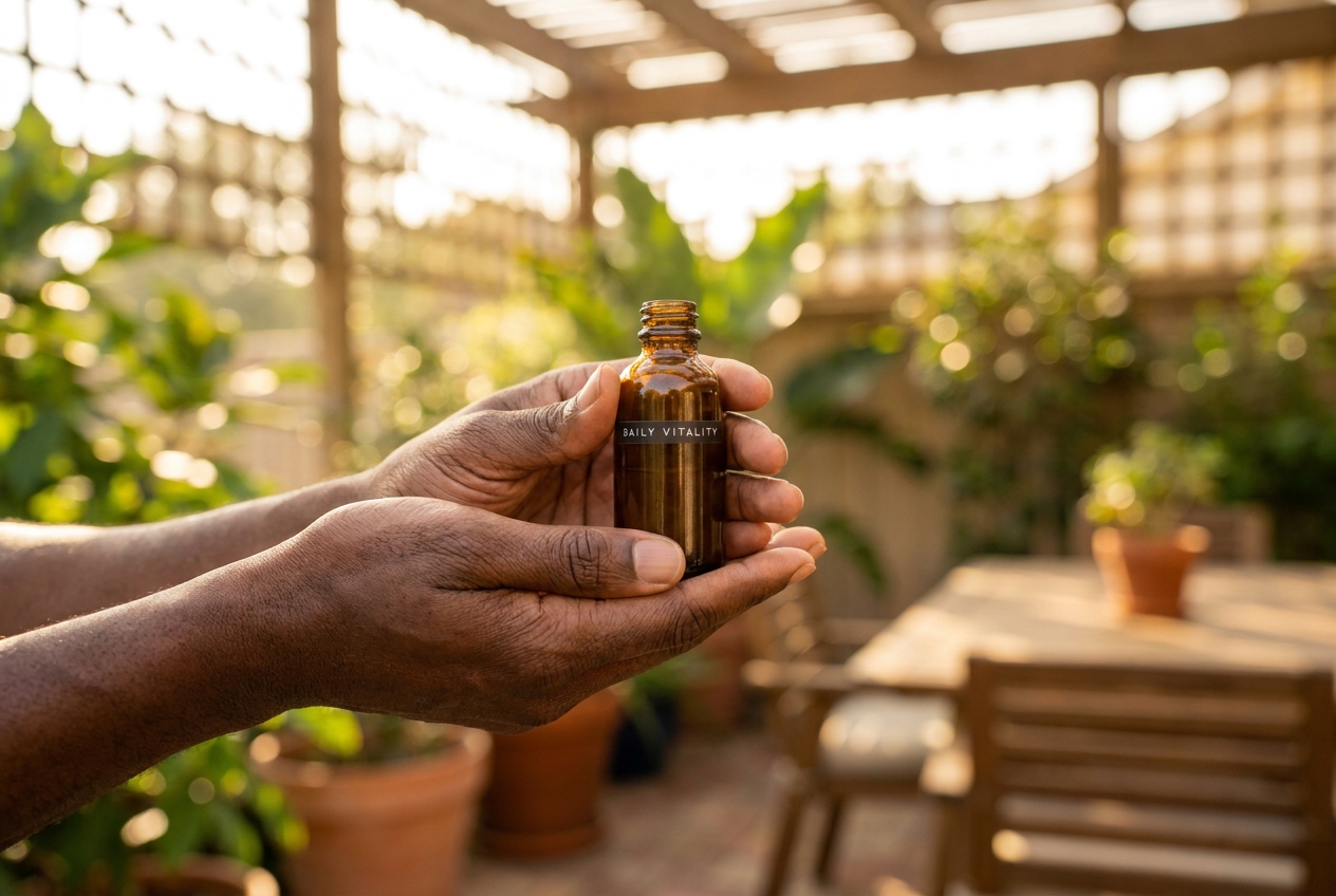 Close-up of hands gently holding an amber supplement bottle outdoors.