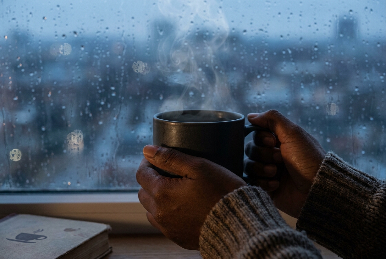 Close-up of hands holding a steaming ceramic mug near a rainy window