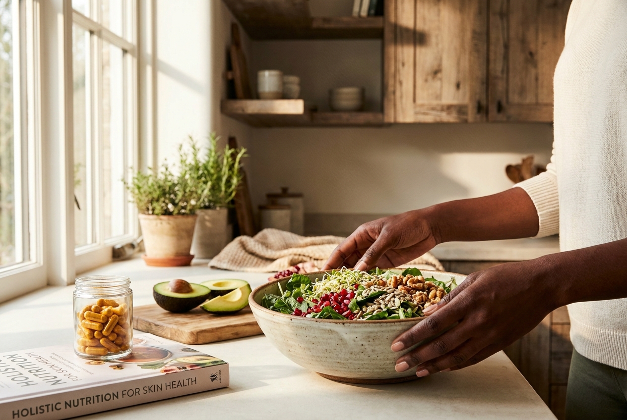 Close up of hands tossing a fresh, vibrant green salad in a ceramic bowl in a sunlit kitchen.