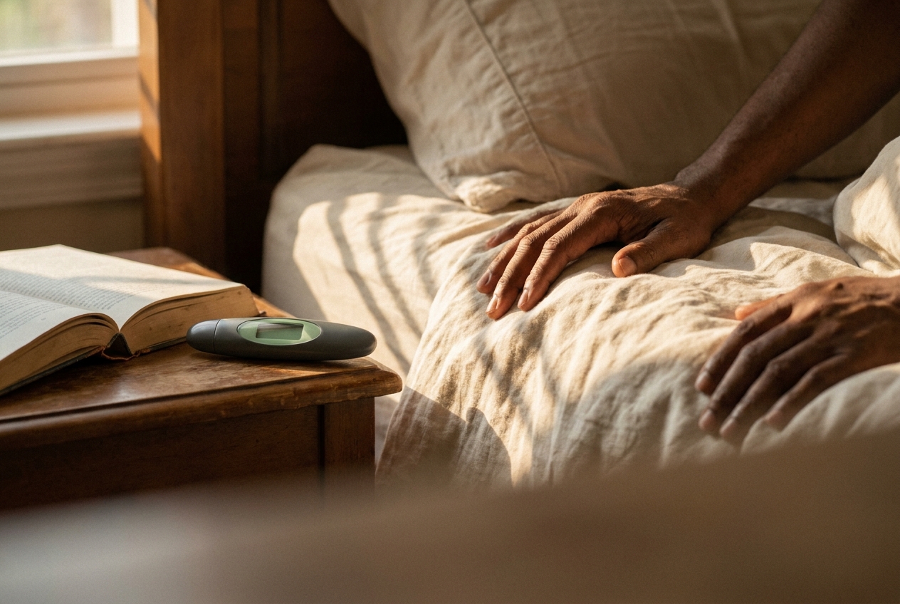 Close-up of a person's hands resting on white bedsheets with a digital thermometer and book on the nightstand.