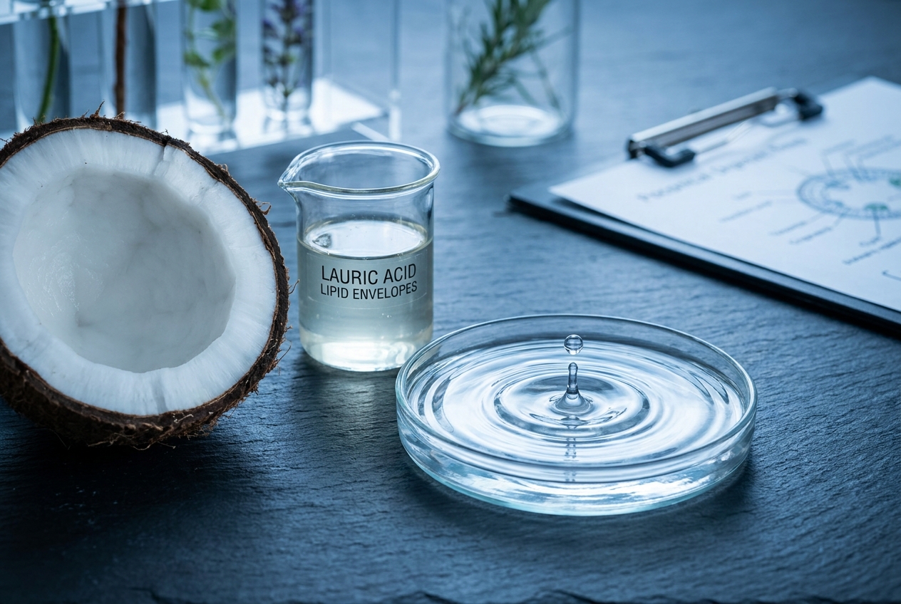 A halved coconut next to a glass beaker with a single drop of liquid creating ripples.