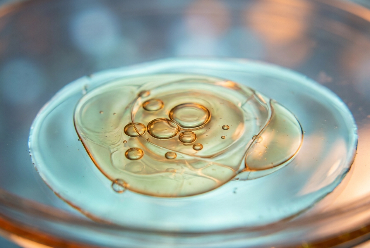 Abstract macro photography of clear liquid merging with golden lipid droplets.