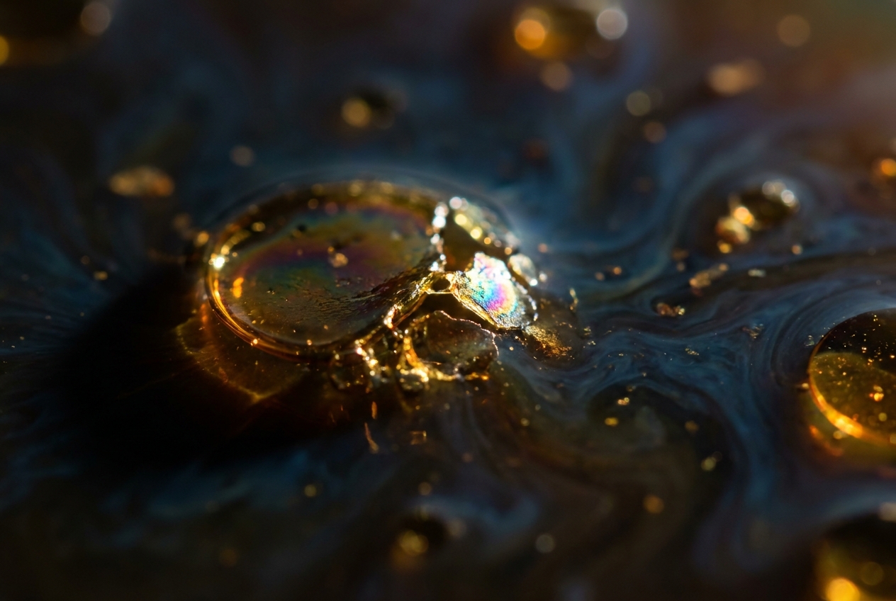 Macro photography of golden oil droplets dissolving in dark water