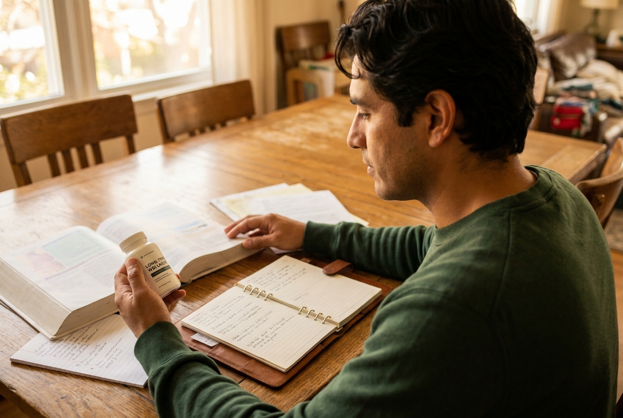 Man with warm olive skin reviewing a planner and holding a supplement bottle