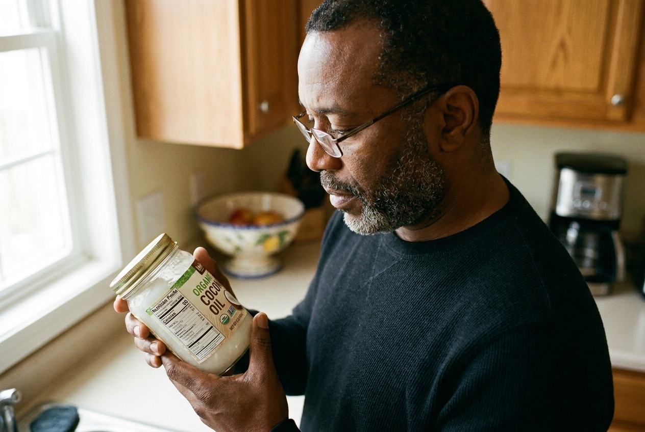An African American man in a sunlit kitchen carefully reading the label on a jar of coconut oil.