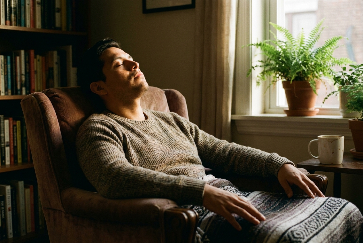 A man resting with his eyes closed in a comfortable armchair in a dimly lit room.