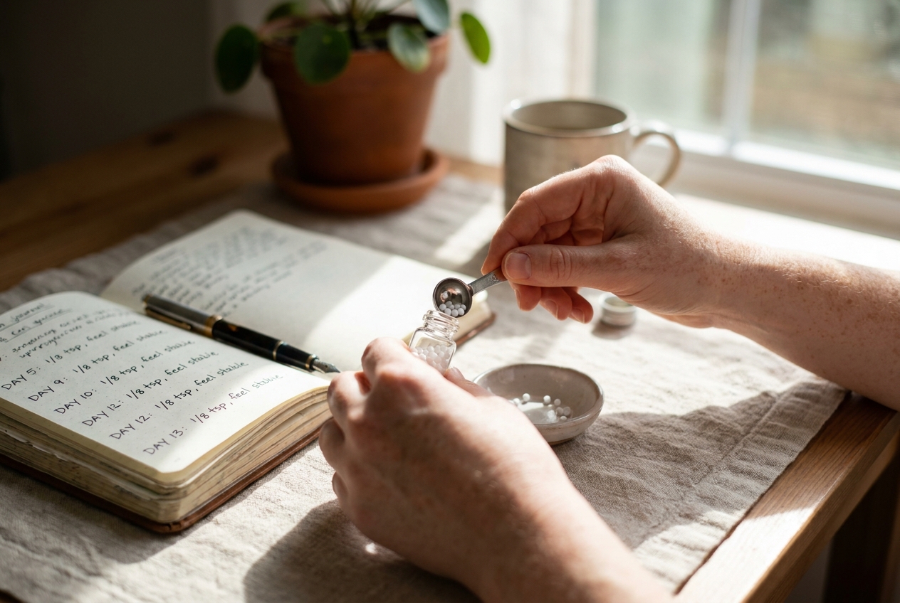 Hands using a tiny scoop to measure white pellets next to an open wellness journal.