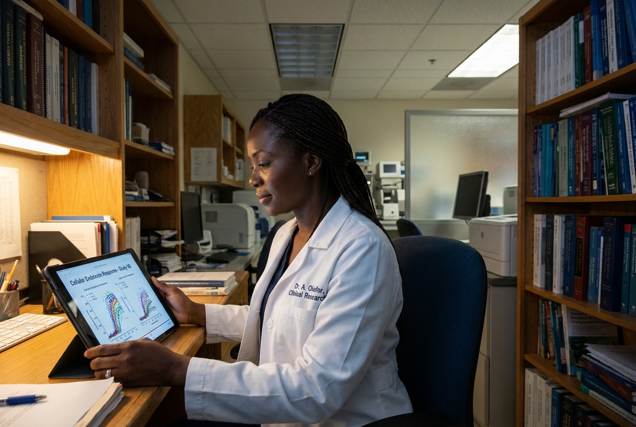 Researcher with deep mahogany skin reviewing medical graphs on a tablet in a lab.