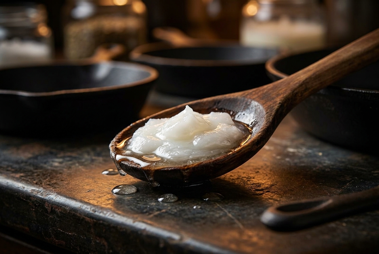 Close-up of semi-solid white coconut oil melting into liquid on an aged wooden spoon.