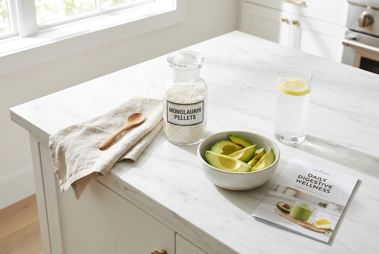 A glass jar of small monolaurin pellets placed next to a bowl of fresh avocado and a glass of water.