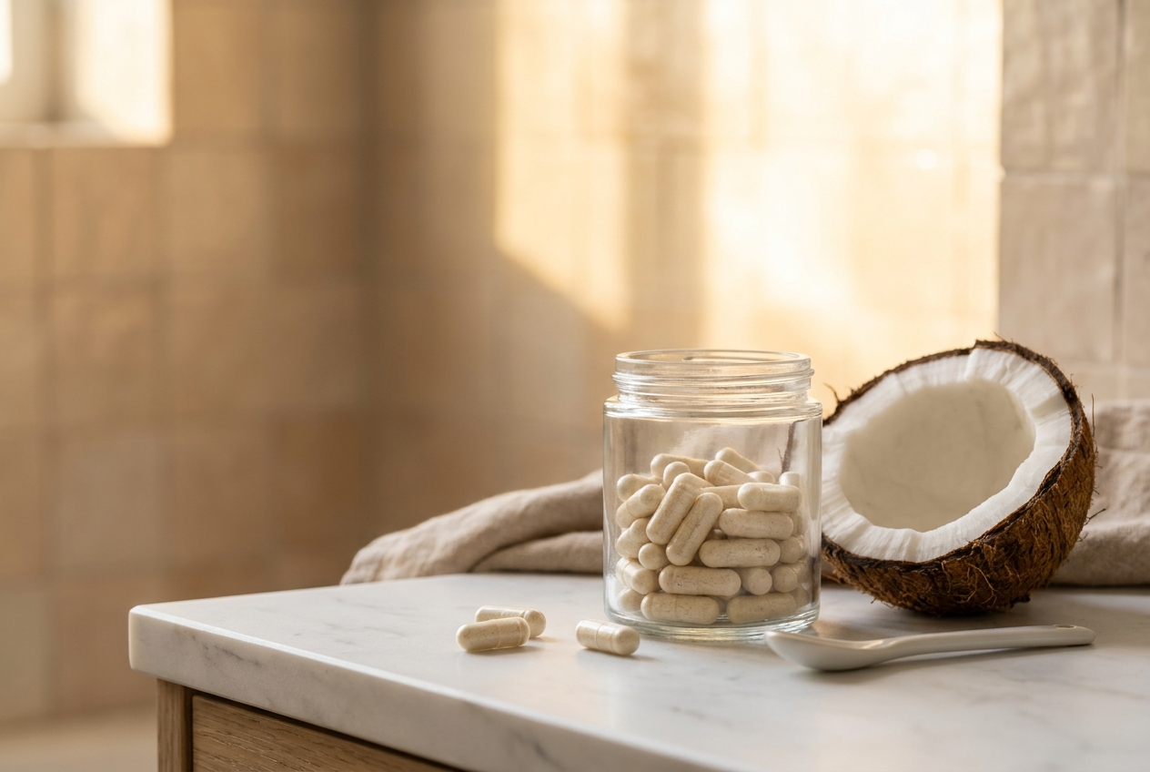 A sleek glass jar of clear supplement capsules next to a halved fresh coconut on a marble counter.