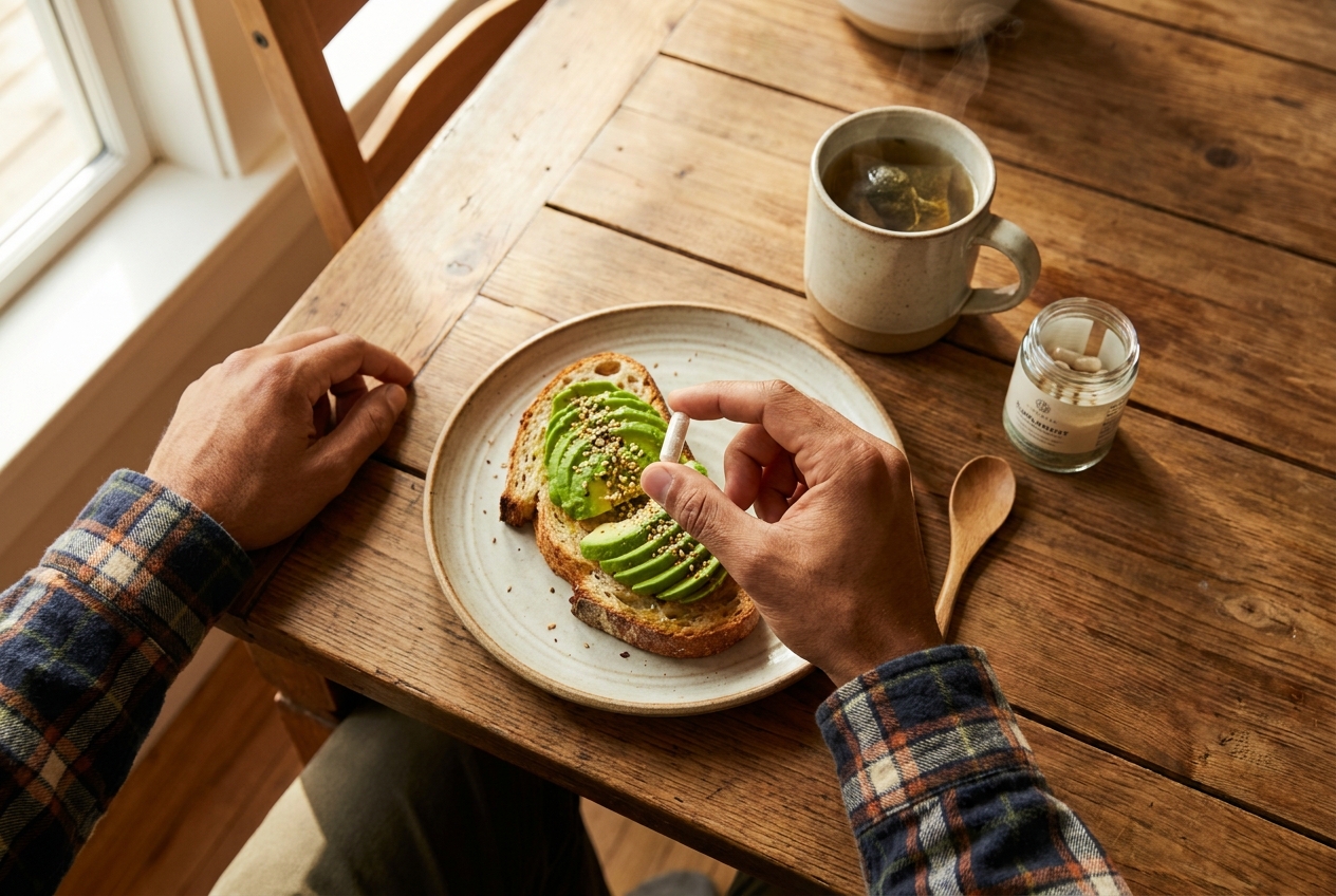Hands holding a supplement capsule above a balanced breakfast of avocado toast and hot tea.