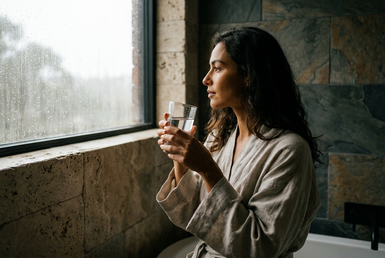 Woman holding a glass of water by a window in a softly lit room.