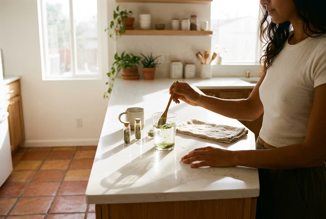Person with olive skin mixing a glass of water with supplements on a kitchen counter.