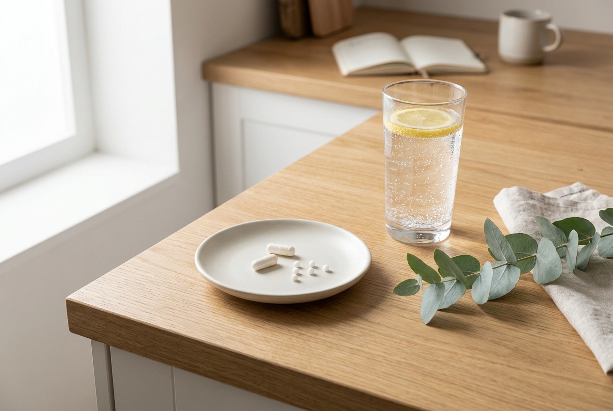 A glass of water and a small ceramic dish of supplement capsules on a wooden counter.