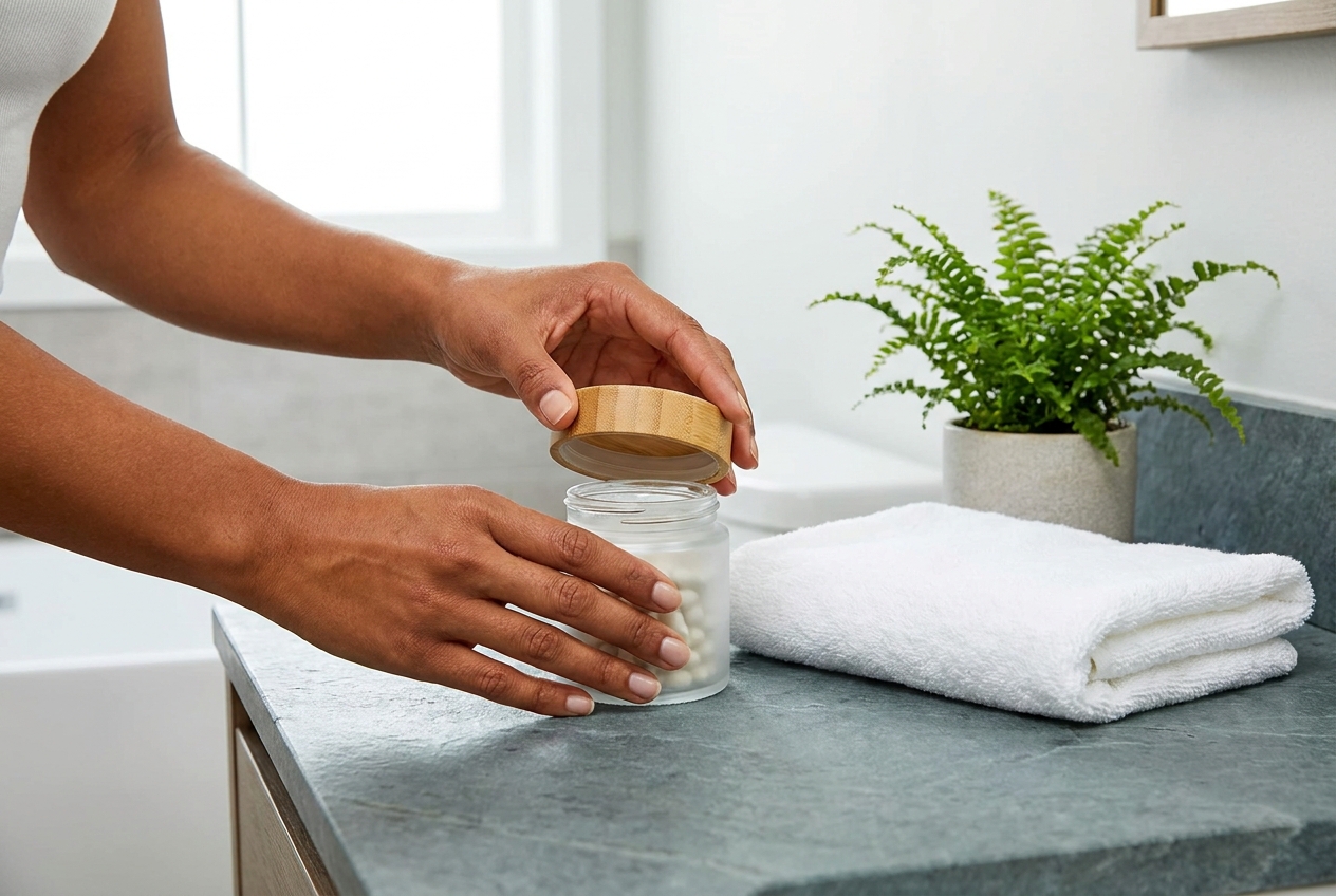 A person's hands opening a frosted glass jar of supplement pellets in a bright, minimalist bathroom.