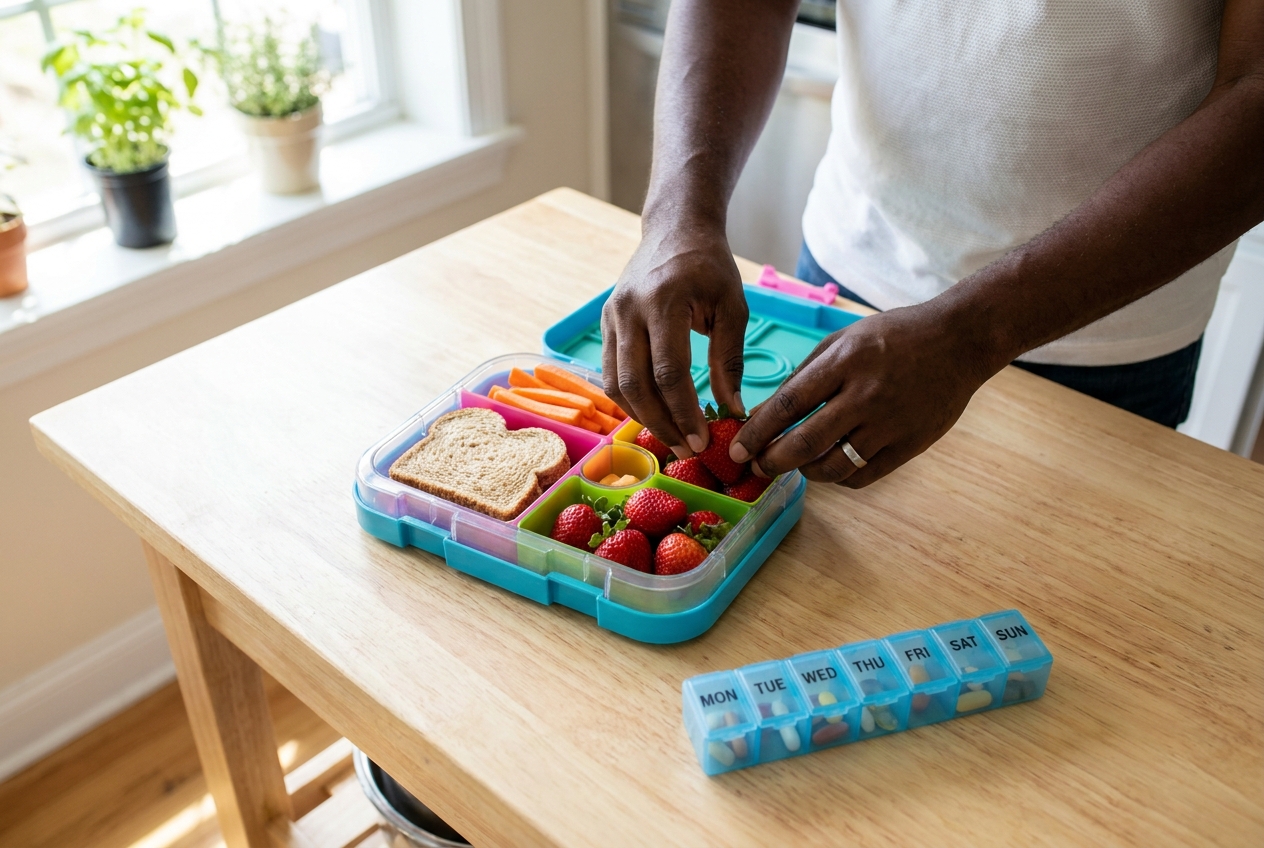 A parent's hands packing a child's colorful lunchbox with fresh fruits and vegetables next to a daily pill organizer.