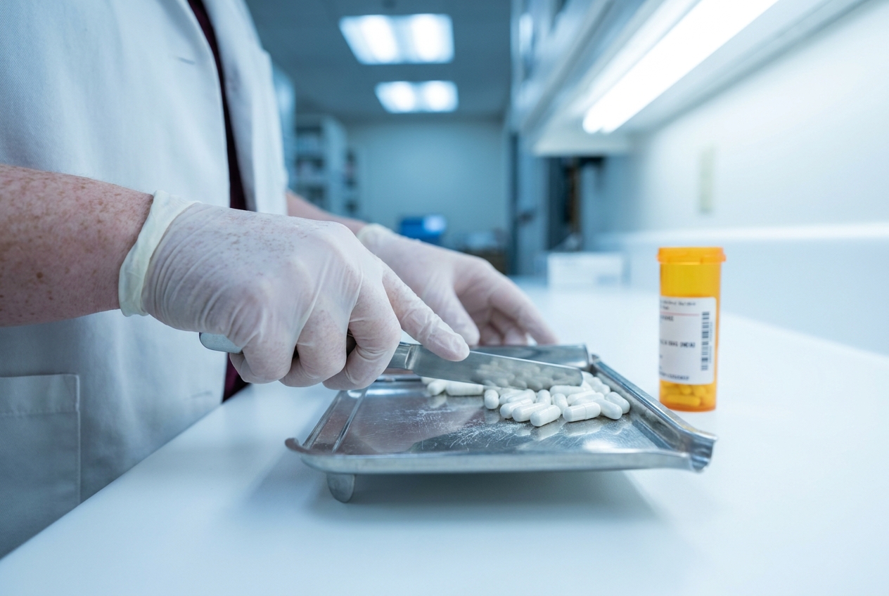 Pharmacist hands counting white capsules on a stainless steel tray
