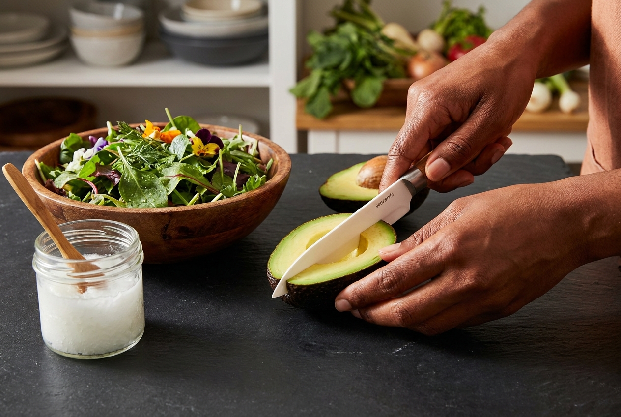 Masculine hands with deep mahogany skin slicing an avocado next to leafy greens and coconut oil.