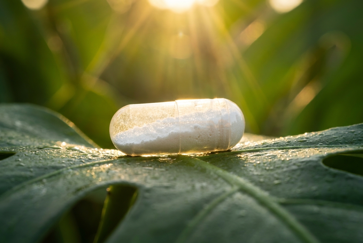 A clear vegetarian capsule filled with white powder resting on a vibrant green Monstera leaf in sunlight.
