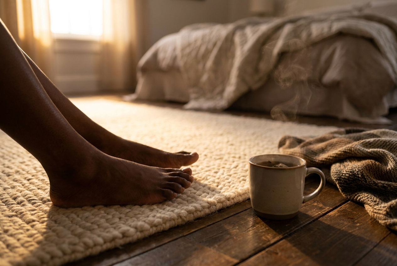 African American woman's bare feet resting on a plush rug next to a steaming mug of tea.