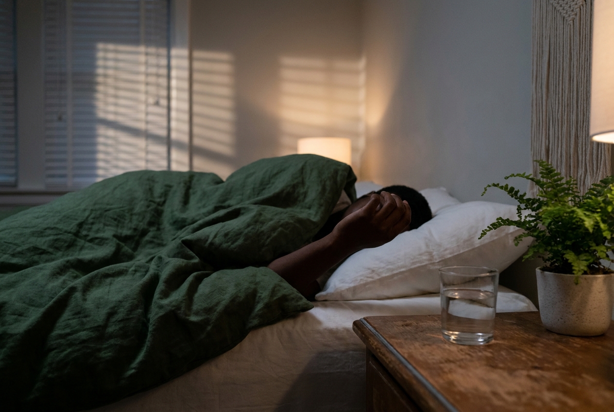 Person with dark skin resting peacefully under green linen sheets next to a glass of water.
