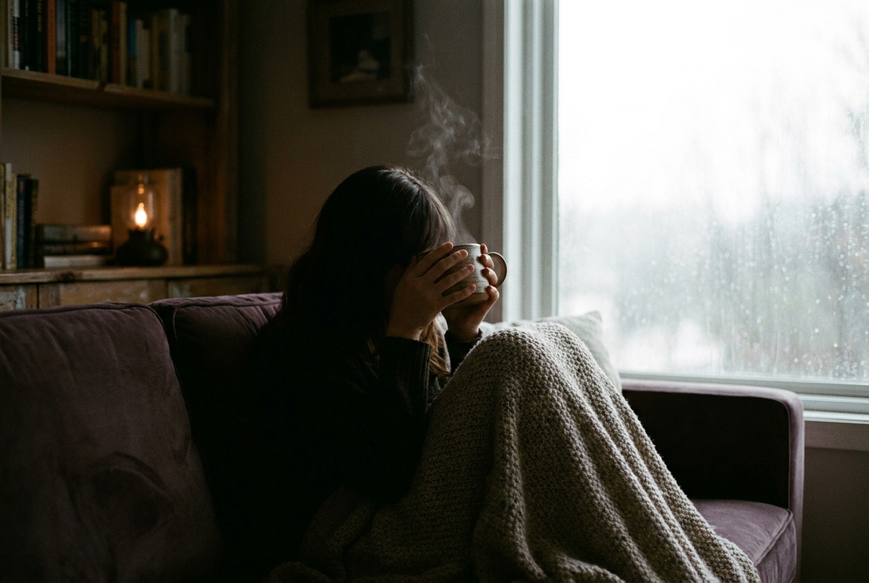 A person wrapped in a knit blanket resting on a sofa, holding a steaming mug of tea.