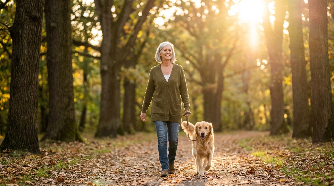 An energetic older woman walking a golden retriever in a sunlit park during the golden hour.