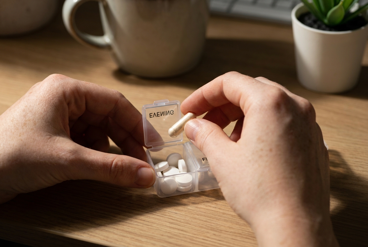 Close-up of hands organizing white and translucent pills into a divided daily pill planner.