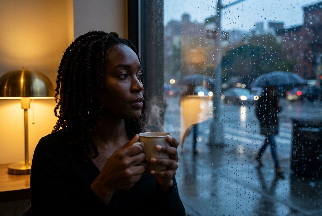 Reflection of a woman holding a warm mug of tea while looking out a rainy window.
