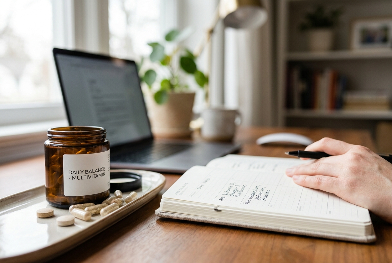 An amber supplement jar and clear capsules resting on a daily planner with handwritten notes.