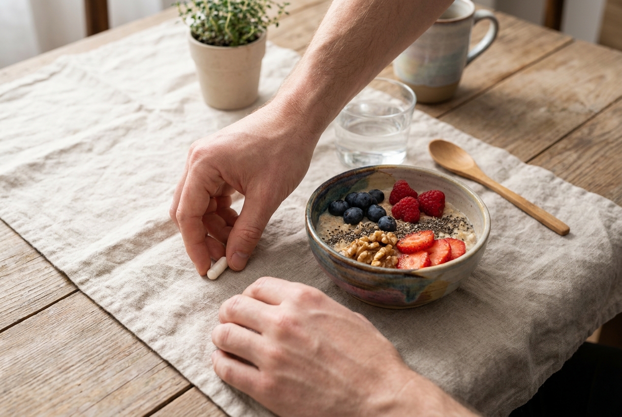 Hands placing a wellness capsule next to a bowl of oatmeal with berries and nuts.